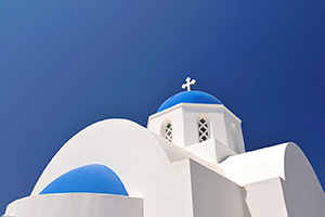 Blue and white domed church, Mykonos, Cyclades, Greece,