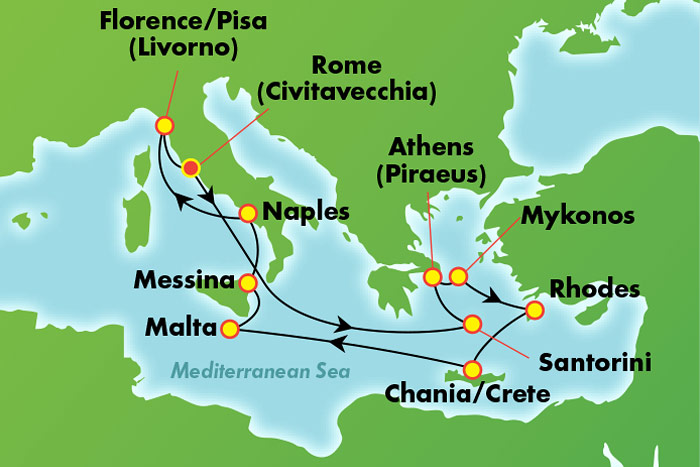 Gerek Islaes & Italy from Rome: Cruise Map